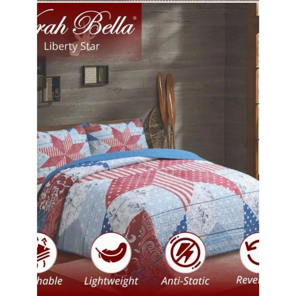Americana Liberty Star Vintage Look Queen Quilt Set Patriotic Red White Blue